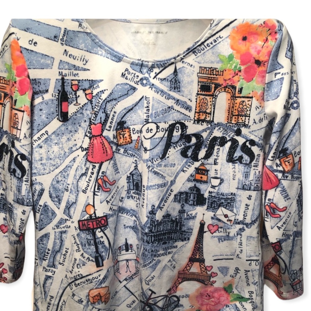 Womanโs spring white & blue Allison Daley 3/4 sleeve Paris blouse top